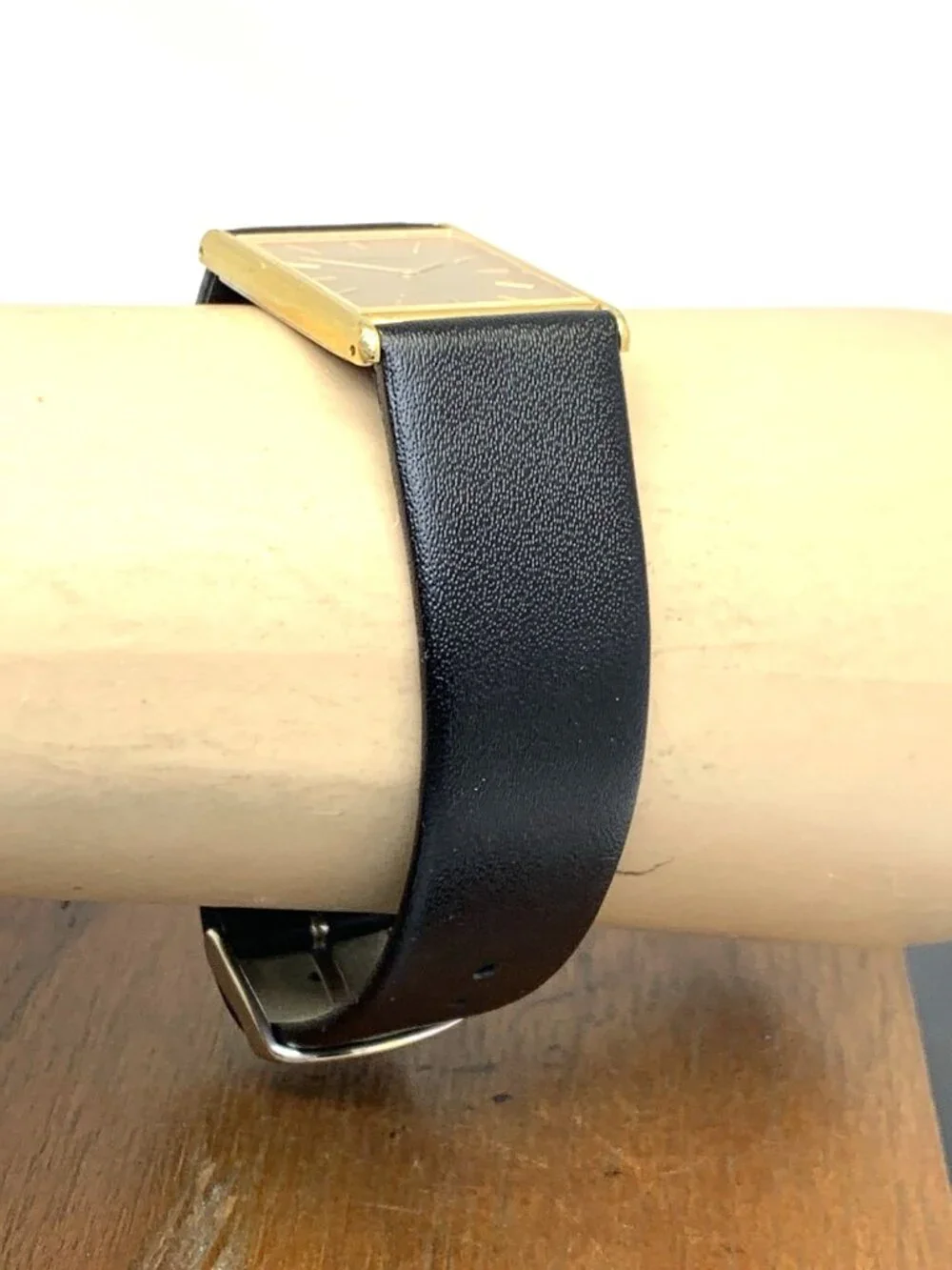 Lassale By Seiko Watch 7730-5059 Quartz Tank Gold Dial Black Leather Strap 23mm